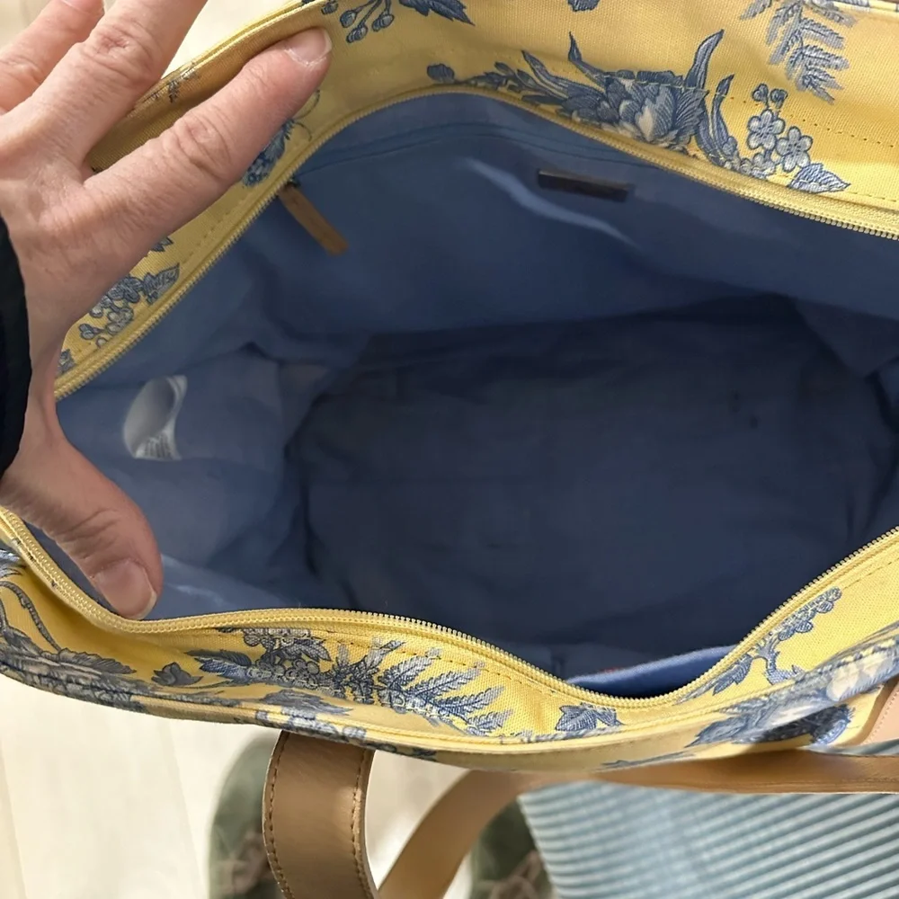 Talbots Yellow Floral Tote with Blue Print and Tan Straps